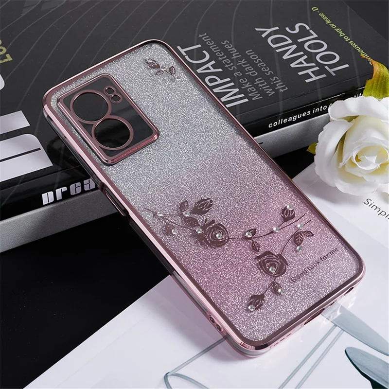 Чехол KADEM для Oppo A57 (2022) 5G / A77 5G с градиентным блестящим цветочным узором и стразами из TPU - Розово-золотой