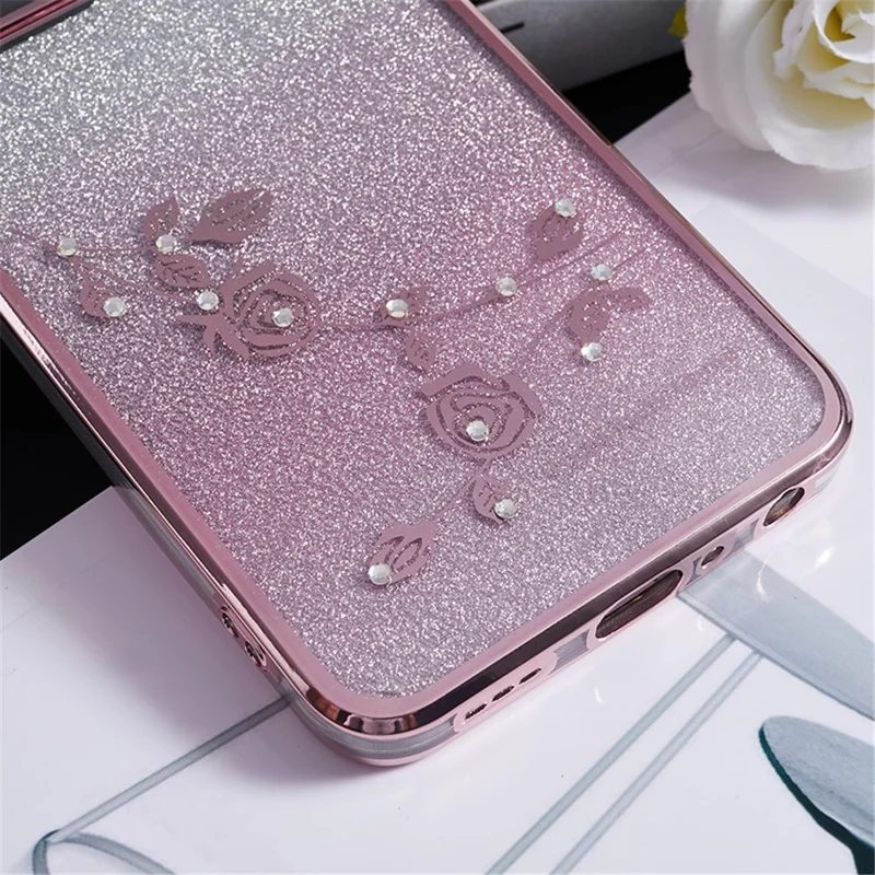 Чехол KADEM для Oppo A57 (2022) 5G / A77 5G с градиентным блестящим цветочным узором и стразами из TPU - Розово-золотой