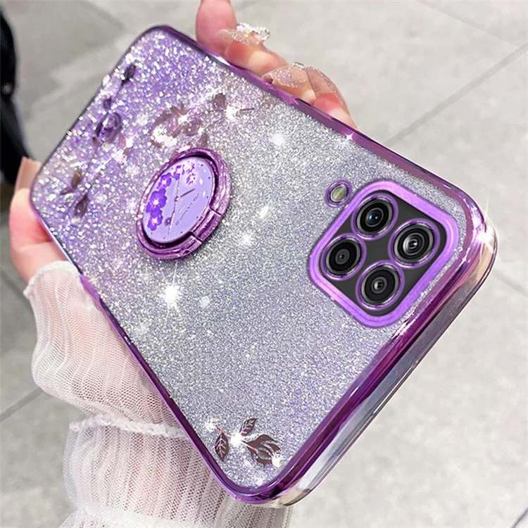 KADEM For Samsung Galaxy A42 5G Flower Rhinestone Decor TPU Cover Glitter Gradient Phone Case with Ring Kickstand - Purple