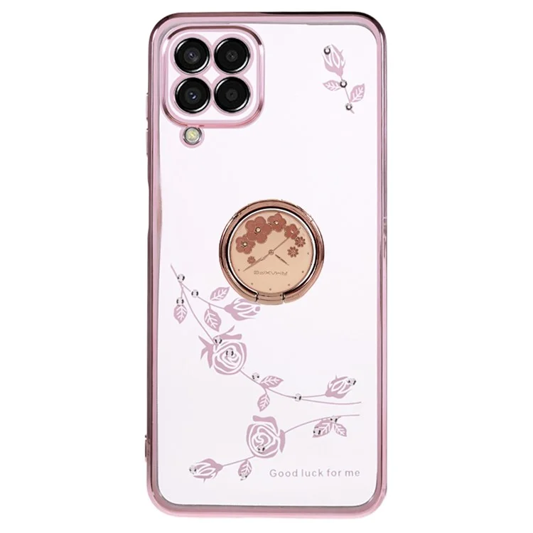 KADEM For Samsung Galaxy A42 5G Flower Pattern TPU Phone Case Electroplating Rhinestone Ring Kickstand Cover - Rose Gold