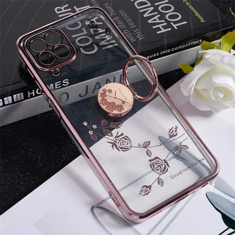 KADEM For Samsung Galaxy A42 5G Flower Pattern TPU Phone Case Electroplating Rhinestone Ring Kickstand Cover - Rose Gold