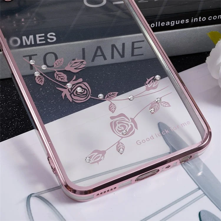 KADEM For Samsung Galaxy A42 5G Flower Pattern TPU Phone Case Electroplating Rhinestone Ring Kickstand Cover - Rose Gold