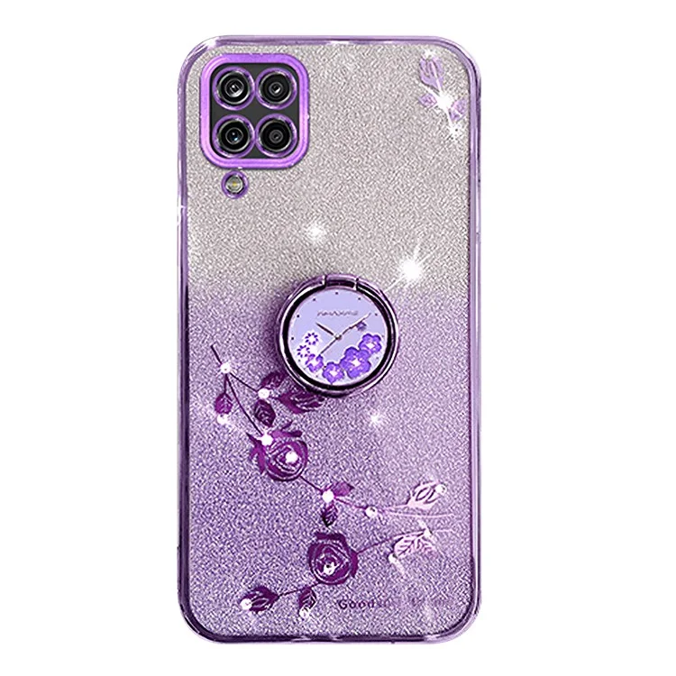 KADEM Pour Samsung Galaxy M32 (Version mondiale) 4G / Galaxy M22 Coque de téléphone à motif floral scintillant en TPU avec support en alliage de zinc et strass - Violet