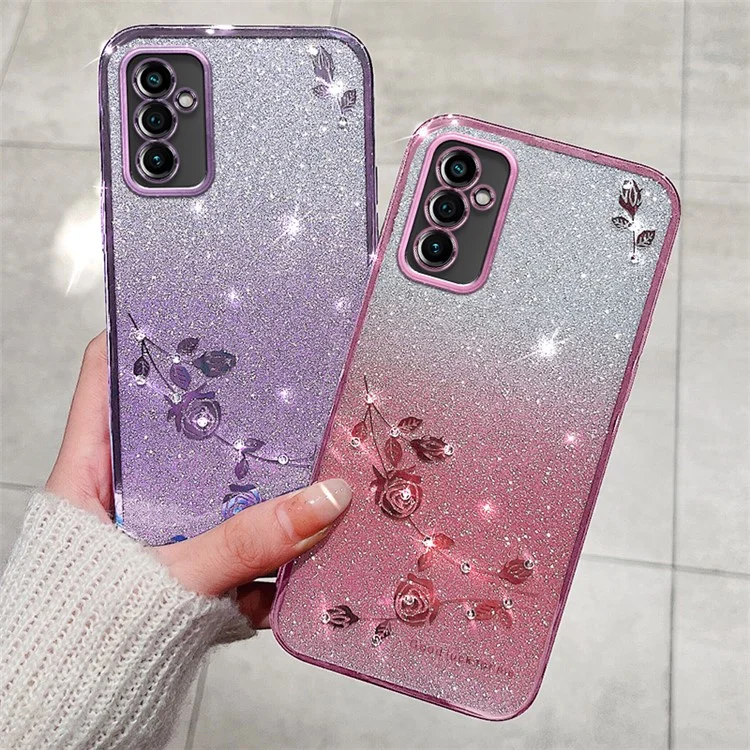 KADEM For Samsung Galaxy M52 5G Rhinestone Flower Design Phone Case Gradient Glitter TPU Anti-scratch Cover - Rose Gold
