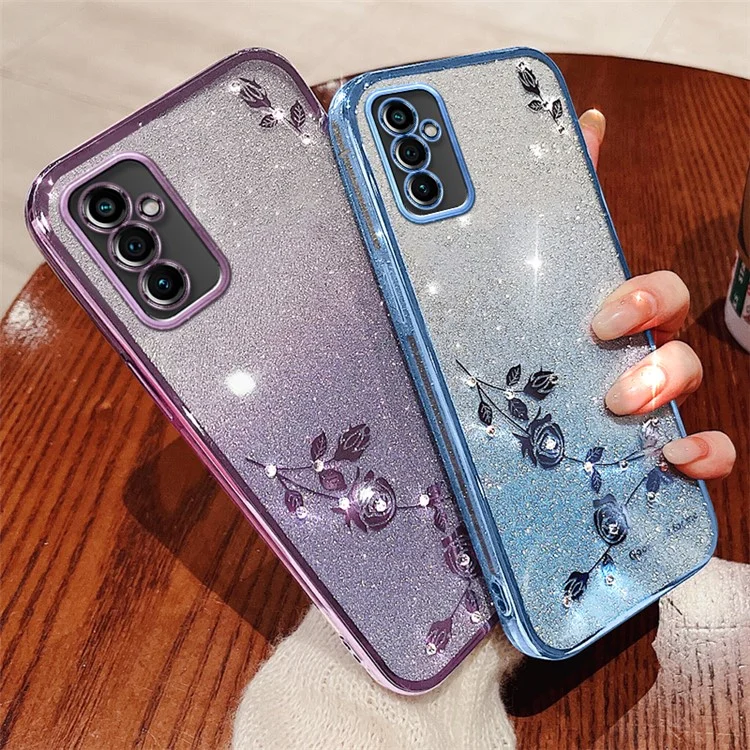 KADEM For Samsung Galaxy M52 5G Rhinestone Flower Design Phone Case Gradient Glitter TPU Anti-scratch Cover - Rose Gold