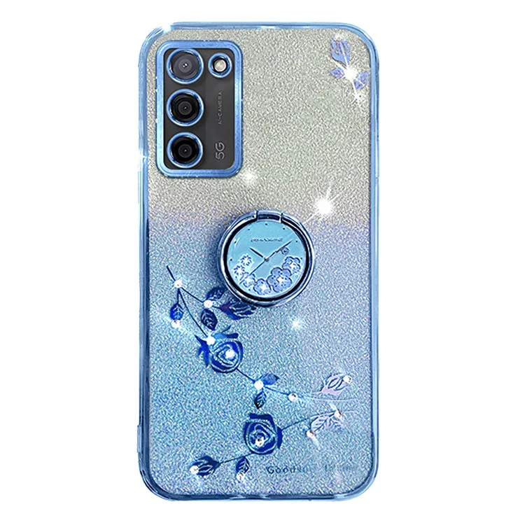 Custodia KADEM Ring Kickstand TPU per Oppo A55 5G, motivo a fiori glitter degradè - Blu
