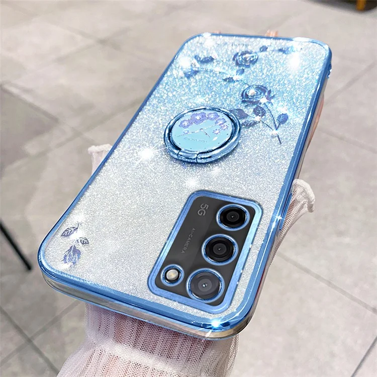Custodia KADEM Ring Kickstand TPU per Oppo A55 5G, motivo a fiori glitter degradè - Blu