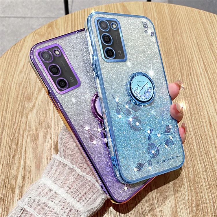 Custodia KADEM Ring Kickstand TPU per Oppo A55 5G, motivo a fiori glitter degradè - Blu