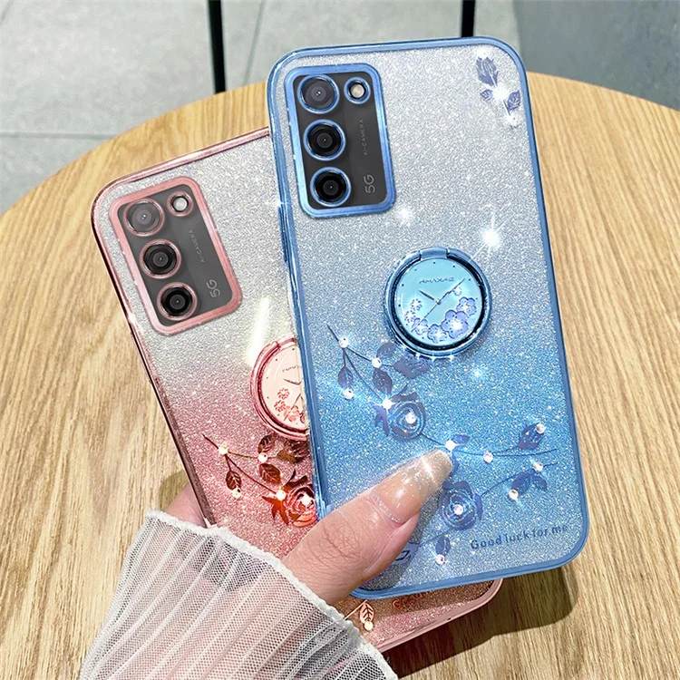 Custodia KADEM Ring Kickstand TPU per Oppo A55 5G, motivo a fiori glitter degradè - Blu