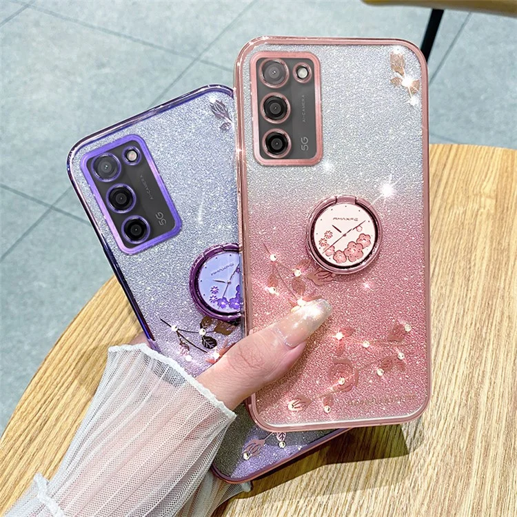 Custodia KADEM Ring Kickstand TPU per Oppo A55 5G, motivo a fiori glitter degradè - Blu