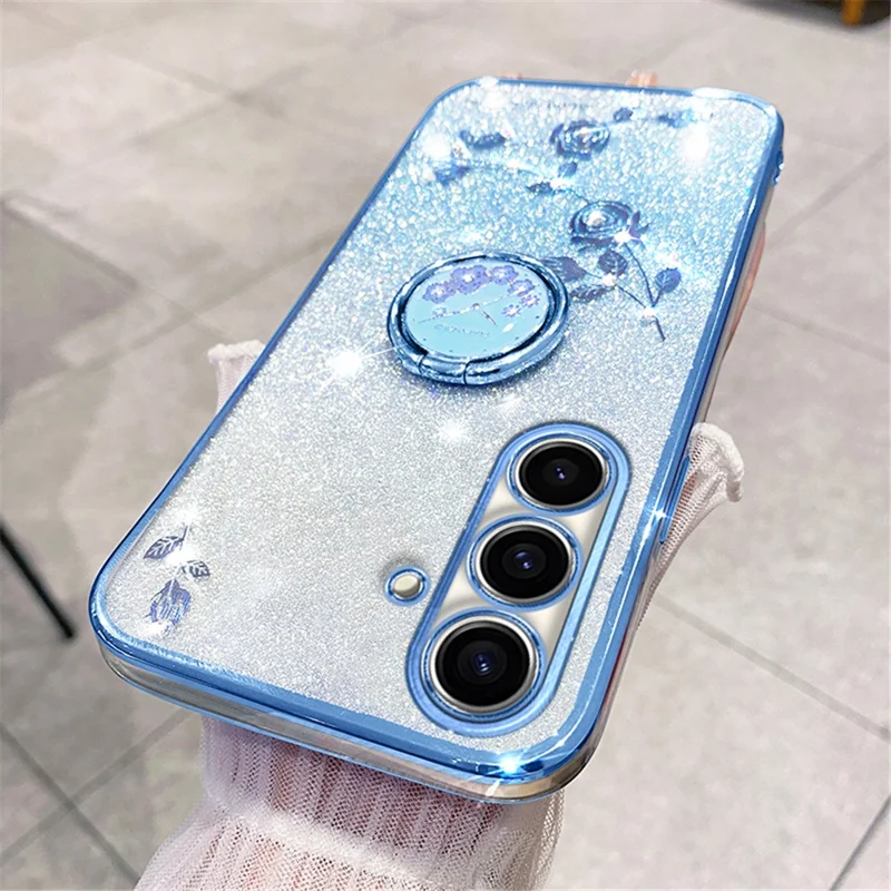 KADEM For Samsung Galaxy M52 5G Flower Pattern Back Cover Ring Kickstand Glitter Gradient TPU Phone Case - Blue