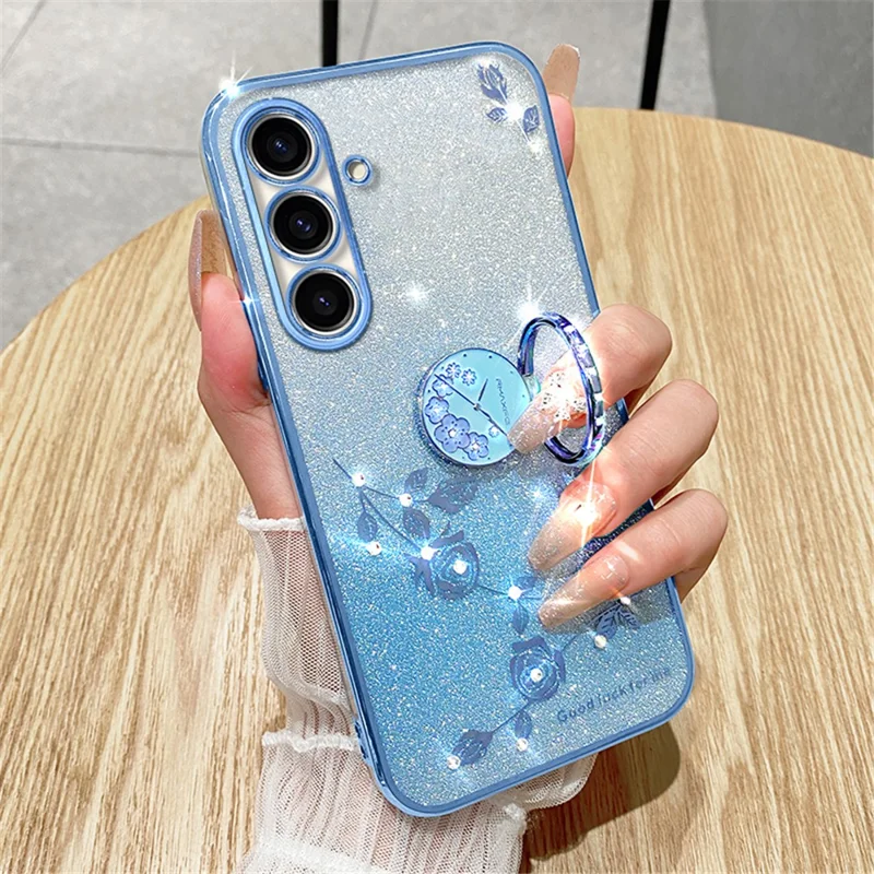 KADEM For Samsung Galaxy M52 5G Flower Pattern Back Cover Ring Kickstand Glitter Gradient TPU Phone Case - Blue