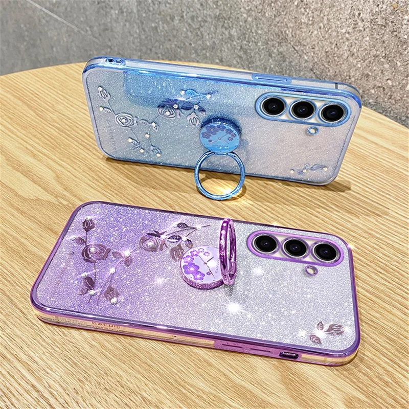 KADEM For Samsung Galaxy M52 5G Flower Pattern Back Cover Ring Kickstand Glitter Gradient TPU Phone Case - Blue