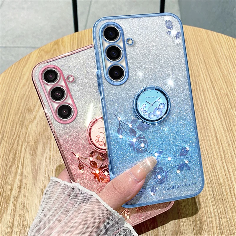 KADEM For Samsung Galaxy M52 5G Flower Pattern Back Cover Ring Kickstand Glitter Gradient TPU Phone Case - Blue
