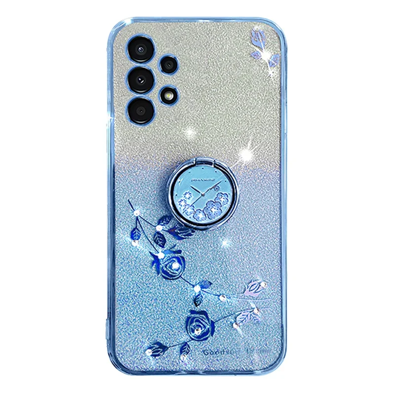 KADEM Pour Samsung Galaxy A13 4G Rhinestone Fleur Anti-chute Couvrir Anneau Kickstand Paillettes Dégradé TPU Case - Bleu