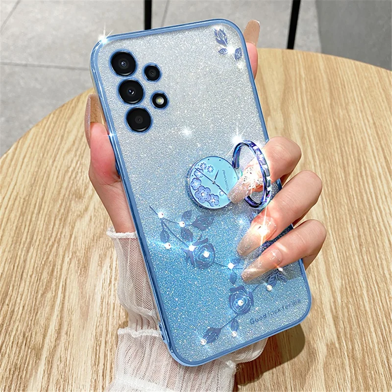 KADEM Pour Samsung Galaxy A13 4G Rhinestone Fleur Anti-chute Couvrir Anneau Kickstand Paillettes Dégradé TPU Case - Bleu