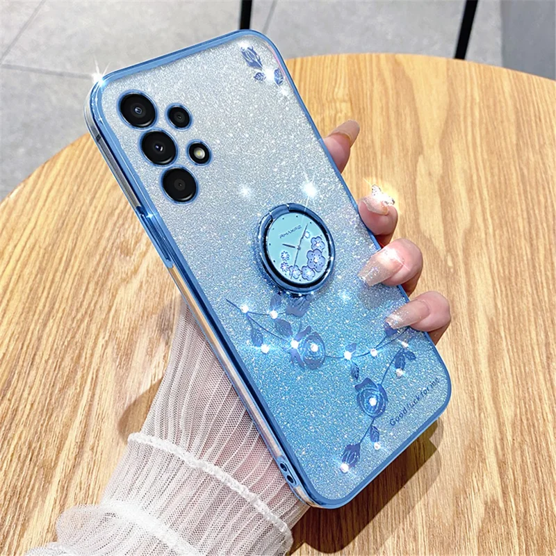 KADEM Pour Samsung Galaxy A13 4G Rhinestone Fleur Anti-chute Couvrir Anneau Kickstand Paillettes Dégradé TPU Case - Bleu