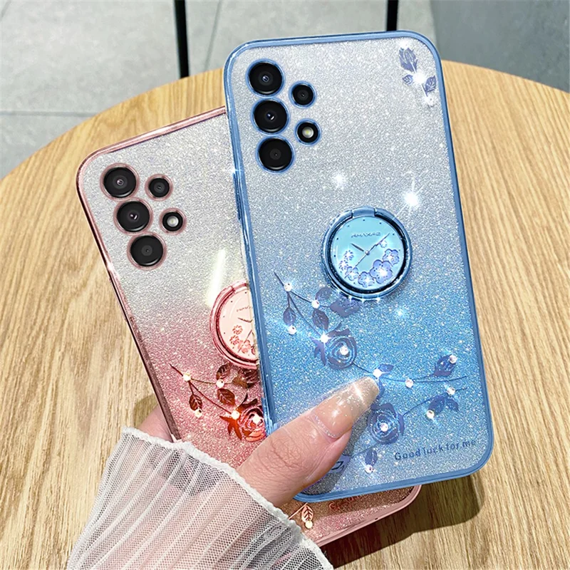 KADEM Pour Samsung Galaxy A13 4G Rhinestone Fleur Anti-chute Couvrir Anneau Kickstand Paillettes Dégradé TPU Case - Bleu