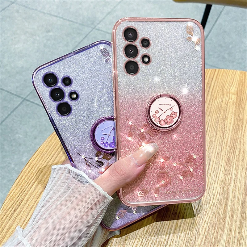KADEM Pour Samsung Galaxy A13 4G Rhinestone Fleur Anti-chute Couvrir Anneau Kickstand Paillettes Dégradé TPU Case - Bleu