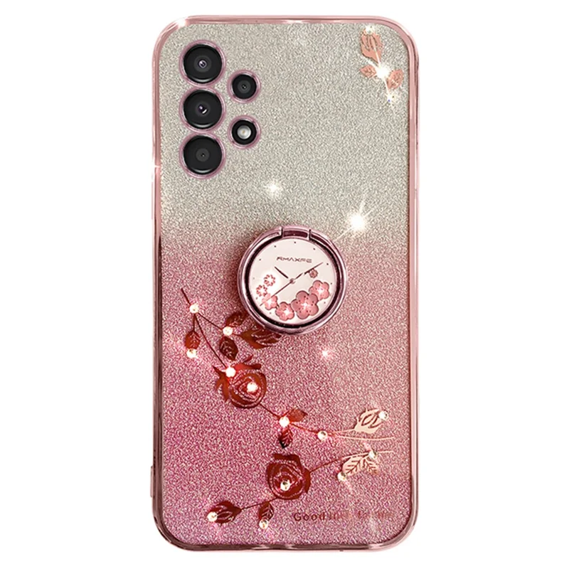 KADEM For Samsung Galaxy A13 4G Rhinestone Flower Anti-drop Cover Ring Kickstand Glitter Gradient TPU Case - Rose Gold