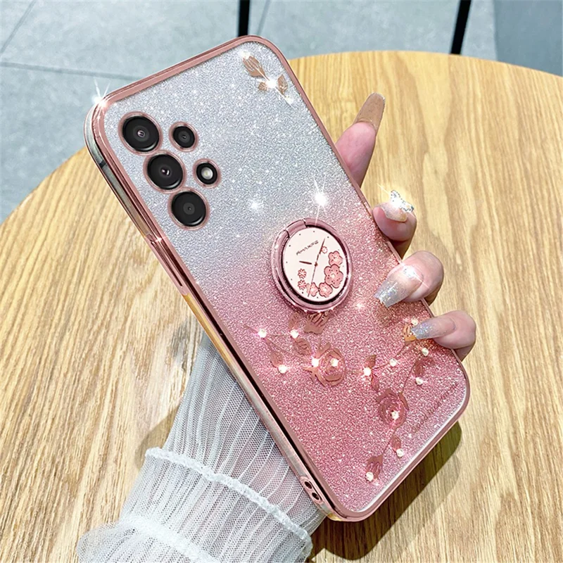 KADEM For Samsung Galaxy A13 4G Rhinestone Flower Anti-drop Cover Ring Kickstand Glitter Gradient TPU Case - Rose Gold