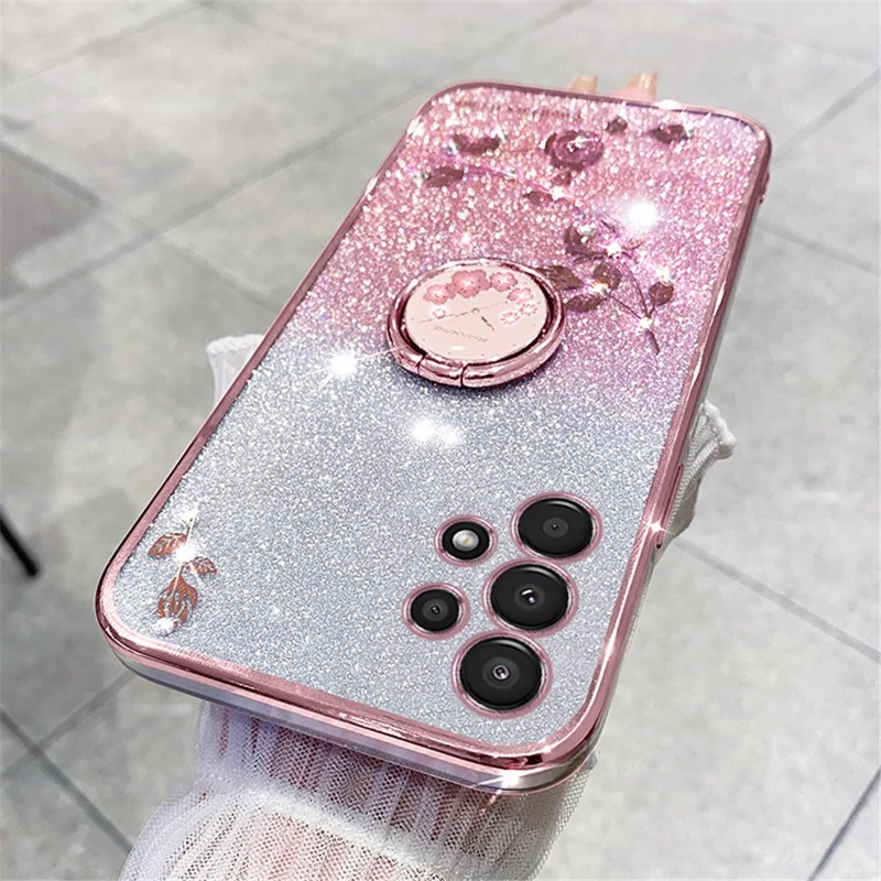 KADEM For Samsung Galaxy A13 4G Rhinestone Flower Anti-drop Cover Ring Kickstand Glitter Gradient TPU Case - Rose Gold