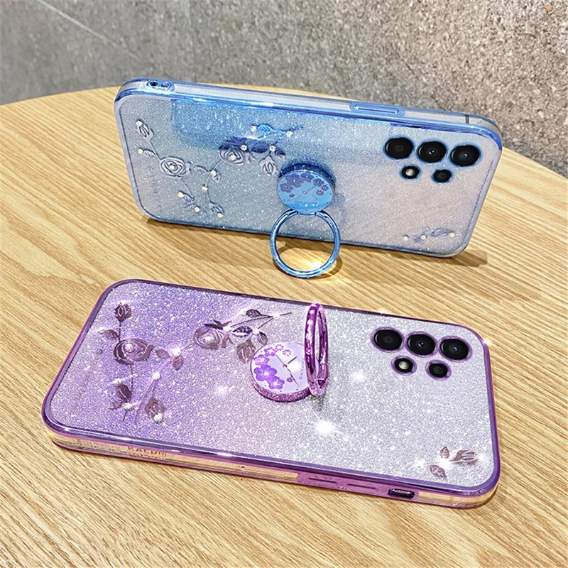 KADEM For Samsung Galaxy A13 4G Rhinestone Flower Anti-drop Cover Ring Kickstand Glitter Gradient TPU Case - Rose Gold