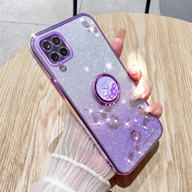 KADEM для Samsung Galaxy A12 Gradient Glitter Soft TPU Cover Flower Pattern Phone Case с кольцом Kickstand - фиолетовый