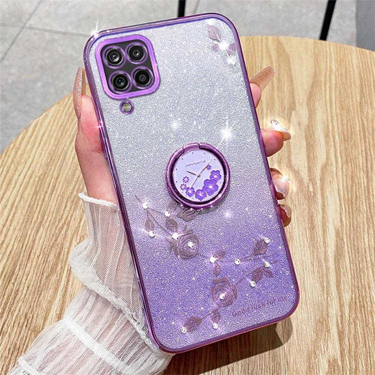KADEM для Samsung Galaxy A12 Gradient Glitter Soft TPU Cover Flower Pattern Phone Case с кольцом Kickstand - фиолетовый