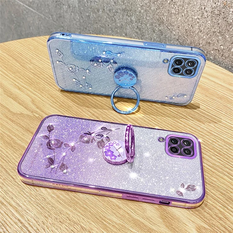 KADEM для Samsung Galaxy A12 Gradient Glitter Soft TPU Cover Flower Pattern Phone Case с кольцом Kickstand - фиолетовый