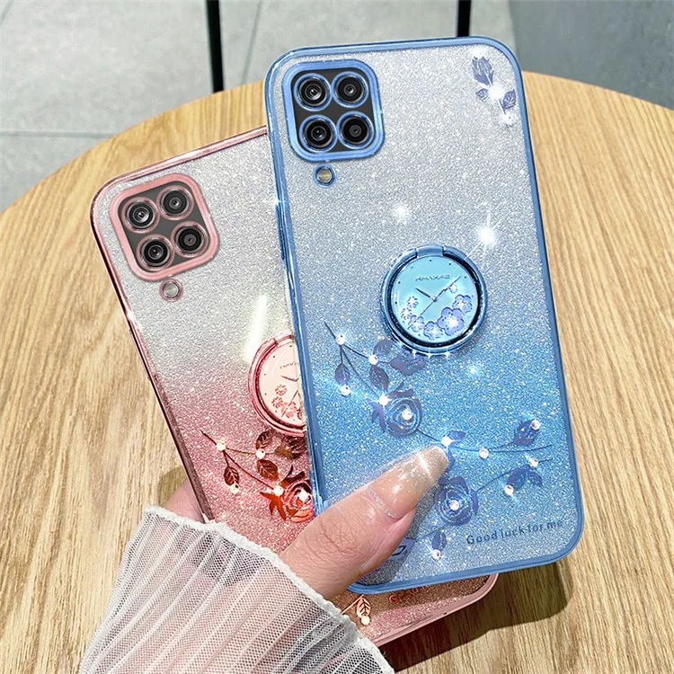 KADEM для Samsung Galaxy A12 Gradient Glitter Soft TPU Cover Flower Pattern Phone Case с кольцом Kickstand - фиолетовый