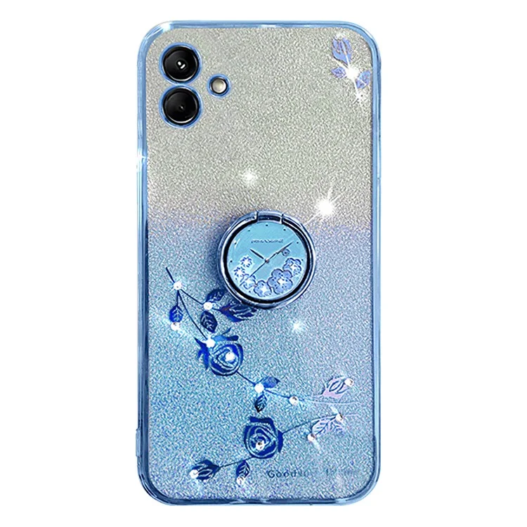 KADEM para Samsung Galaxy A04 4G (164,4 x 76,3 x 9,1 mm) Funda de TPU con degradado de brillo, tapa de teléfono con flores de cristal y soporte de anillo - Azul