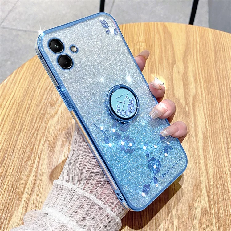 KADEM para Samsung Galaxy A04 4G (164,4 x 76,3 x 9,1 mm) Funda de TPU con degradado de brillo, tapa de teléfono con flores de cristal y soporte de anillo - Azul