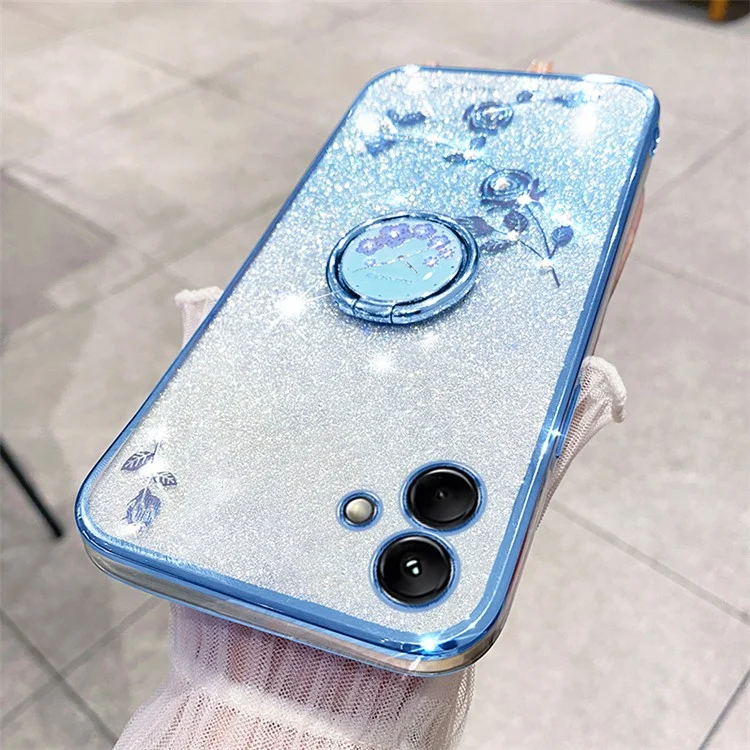 KADEM para Samsung Galaxy A04 4G (164,4 x 76,3 x 9,1 mm) Funda de TPU con degradado de brillo, tapa de teléfono con flores de cristal y soporte de anillo - Azul