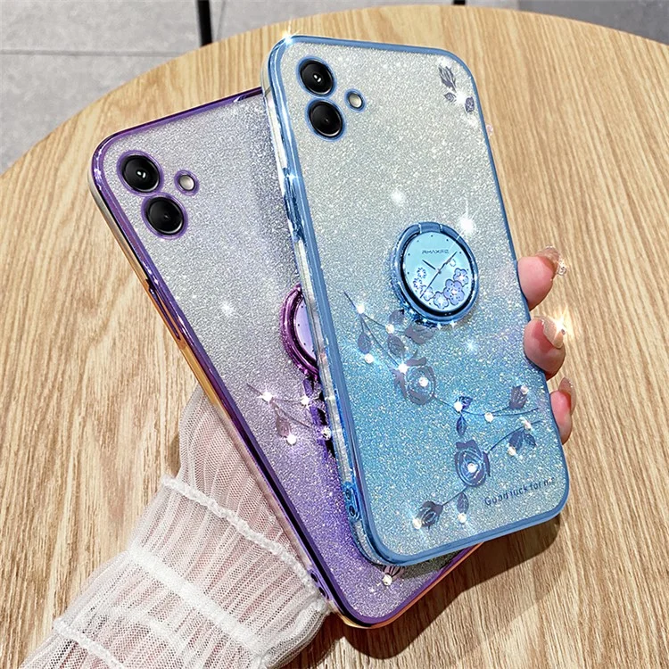 KADEM para Samsung Galaxy A04 4G (164,4 x 76,3 x 9,1 mm) Funda de TPU con degradado de brillo, tapa de teléfono con flores de cristal y soporte de anillo - Azul