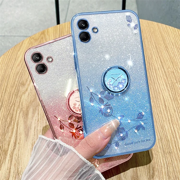 KADEM para Samsung Galaxy A04 4G (164,4 x 76,3 x 9,1 mm) Funda de TPU con degradado de brillo, tapa de teléfono con flores de cristal y soporte de anillo - Azul