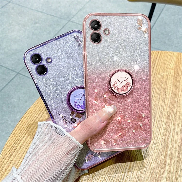 KADEM para Samsung Galaxy A04 4G (164,4 x 76,3 x 9,1 mm) Funda de TPU con degradado de brillo, tapa de teléfono con flores de cristal y soporte de anillo - Azul