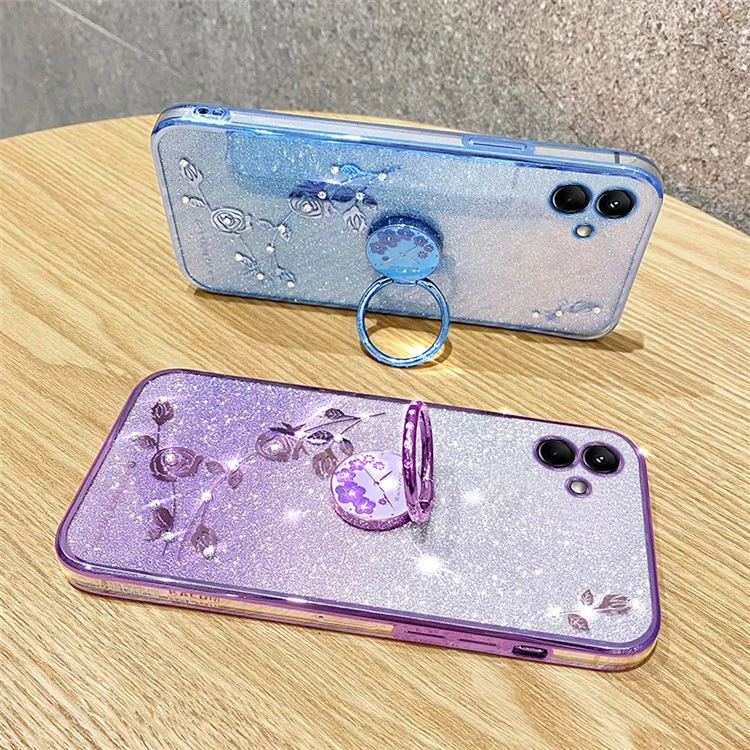 KADEM para Samsung Galaxy A04 4G (164,4 x 76,3 x 9,1 mm) Funda de TPU con degradado de brillo, tapa de teléfono con flores de cristal y soporte de anillo - Azul