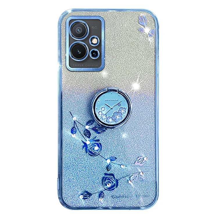 KADEM Per vivo Y75 5G / T1 5G / Y33e 5G / Y30 5G / Y55s (2023) 5G / iQOO Z6 Custodia Cover Glitter Gradient Rhinestone Flower TPU con Supporto - Blu