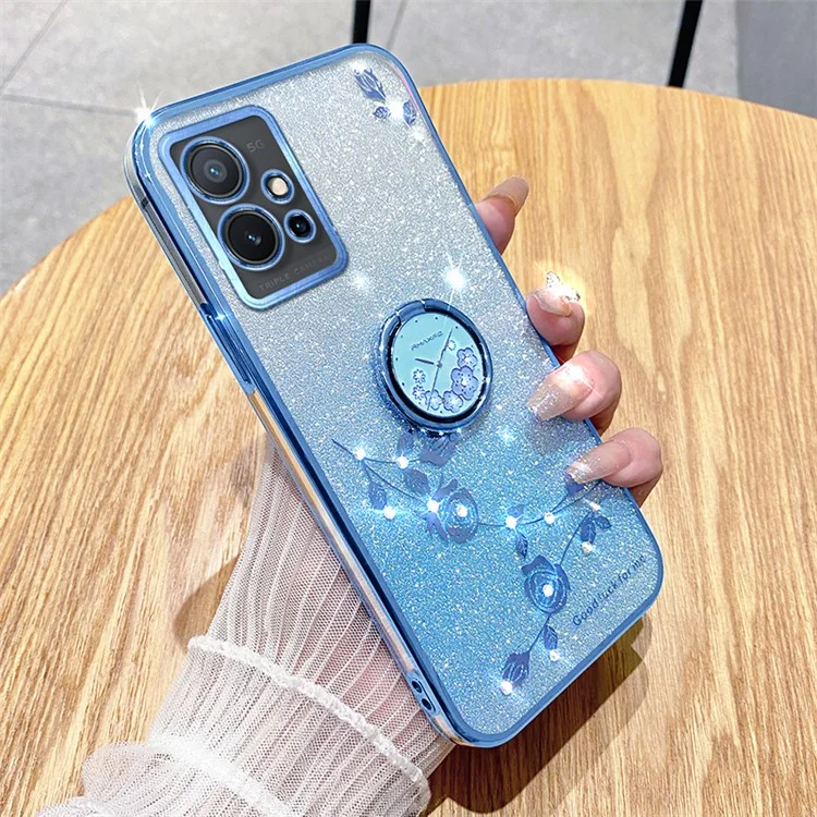 KADEM Per vivo Y75 5G / T1 5G / Y33e 5G / Y30 5G / Y55s (2023) 5G / iQOO Z6 Custodia Cover Glitter Gradient Rhinestone Flower TPU con Supporto - Blu