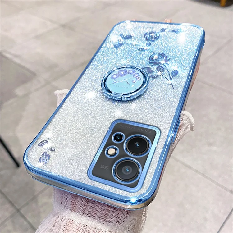 KADEM Per vivo Y75 5G / T1 5G / Y33e 5G / Y30 5G / Y55s (2023) 5G / iQOO Z6 Custodia Cover Glitter Gradient Rhinestone Flower TPU con Supporto - Blu