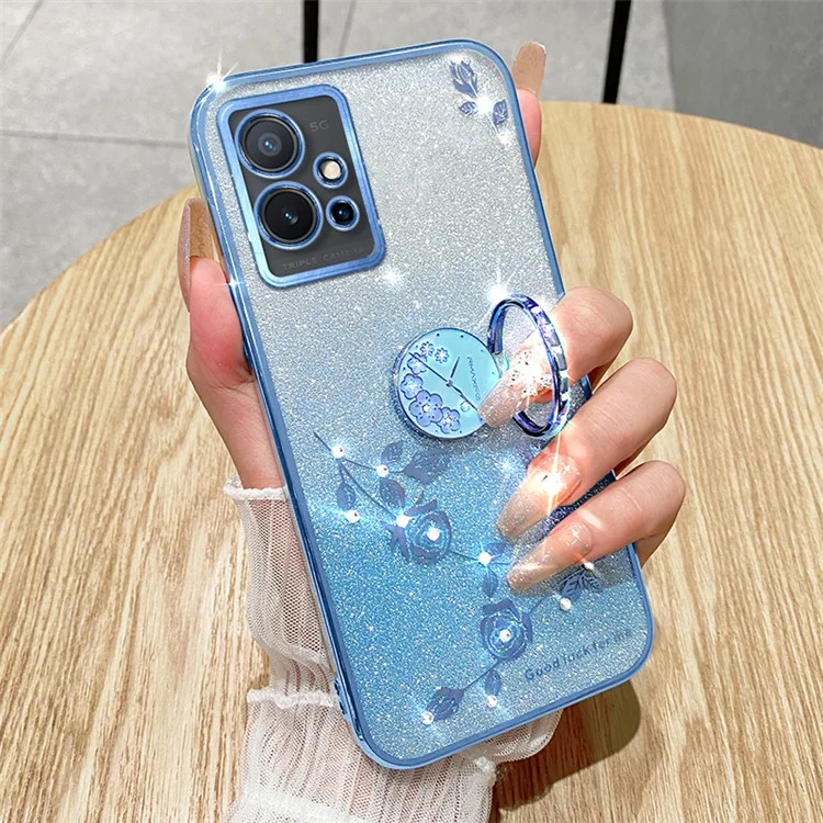 KADEM Per vivo Y75 5G / T1 5G / Y33e 5G / Y30 5G / Y55s (2023) 5G / iQOO Z6 Custodia Cover Glitter Gradient Rhinestone Flower TPU con Supporto - Blu