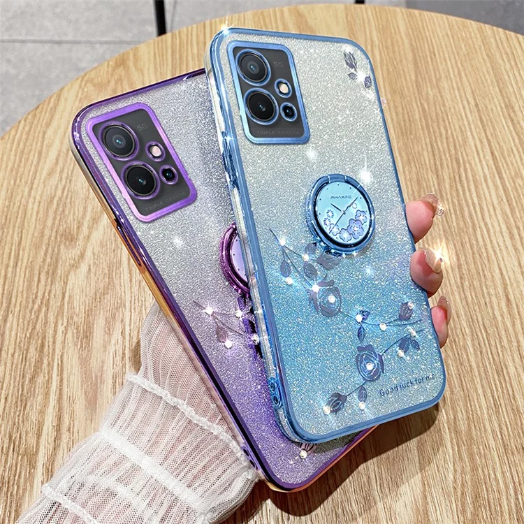 KADEM Per vivo Y75 5G / T1 5G / Y33e 5G / Y30 5G / Y55s (2023) 5G / iQOO Z6 Custodia Cover Glitter Gradient Rhinestone Flower TPU con Supporto - Blu
