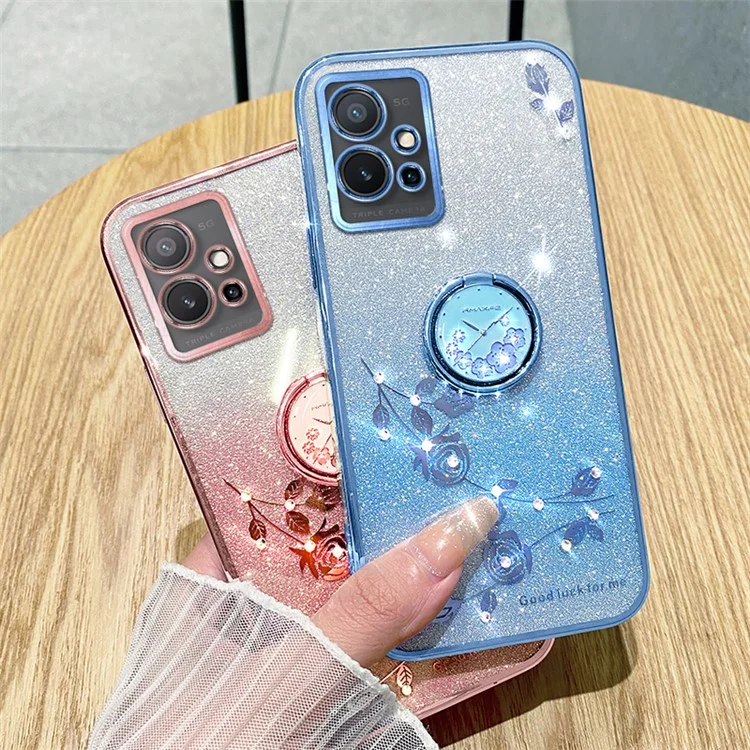 KADEM Per vivo Y75 5G / T1 5G / Y33e 5G / Y30 5G / Y55s (2023) 5G / iQOO Z6 Custodia Cover Glitter Gradient Rhinestone Flower TPU con Supporto - Blu