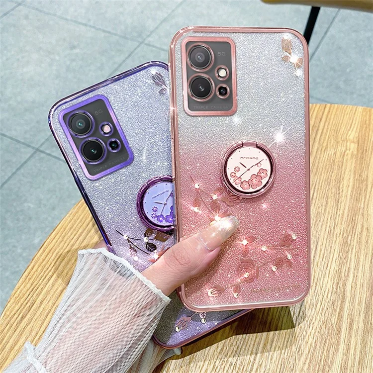 KADEM Per vivo Y75 5G / T1 5G / Y33e 5G / Y30 5G / Y55s (2023) 5G / iQOO Z6 Custodia Cover Glitter Gradient Rhinestone Flower TPU con Supporto - Blu