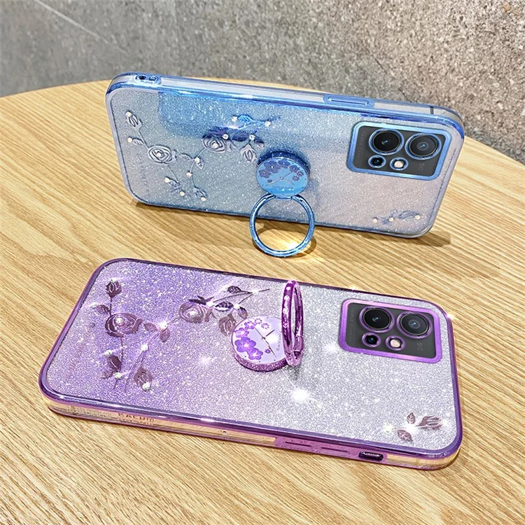 KADEM Per vivo Y75 5G / T1 5G / Y33e 5G / Y30 5G / Y55s (2023) 5G / iQOO Z6 Custodia Cover Glitter Gradient Rhinestone Flower TPU con Supporto - Blu