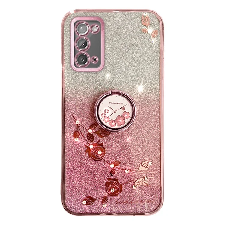 KADEM для Samsung Galaxy Note20 / Note20 5G Кольцо Kickstand Gradient TPU Cover Glitter Flower Pattern Phone Case - Rose Gold