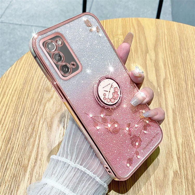 KADEM для Samsung Galaxy Note20 / Note20 5G Кольцо Kickstand Gradient TPU Cover Glitter Flower Pattern Phone Case - Rose Gold