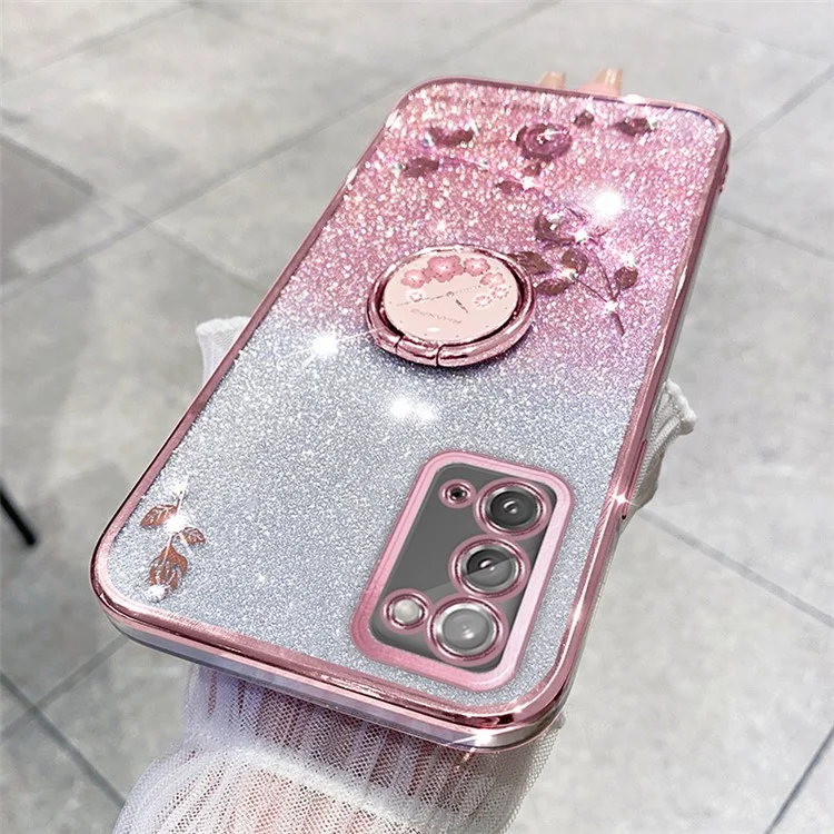 KADEM для Samsung Galaxy Note20 / Note20 5G Кольцо Kickstand Gradient TPU Cover Glitter Flower Pattern Phone Case - Rose Gold