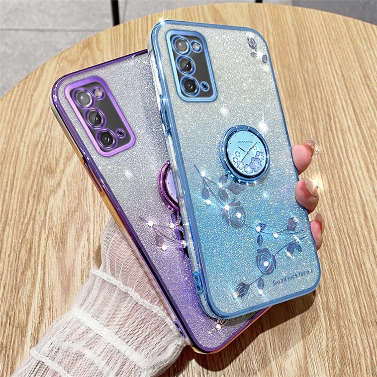 KADEM для Samsung Galaxy Note20 / Note20 5G Кольцо Kickstand Gradient TPU Cover Glitter Flower Pattern Phone Case - Rose Gold